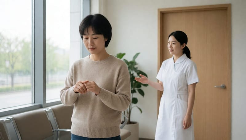 반점이 번지는 것을 확인하고 진료실로 향하는 여성