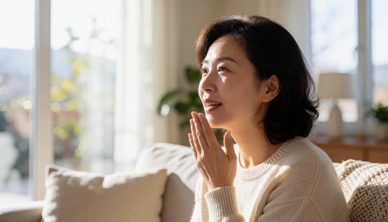 목을 만지며 목소리가 잘 안 나와 답답해하는 여성의 모습