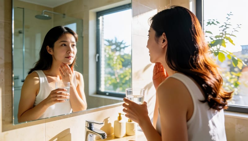 집에서 거울을 보며 목 상태를 스스로 확인해보는 여성
