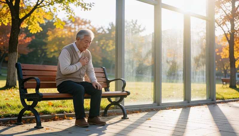 방치된 목 증상으로 지쳐 보이는 남성이 공원 벤치에 앉아있는 모습