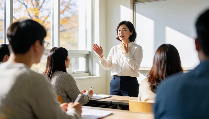 환절기 강의실에서 목을 만지며 말하는 강사