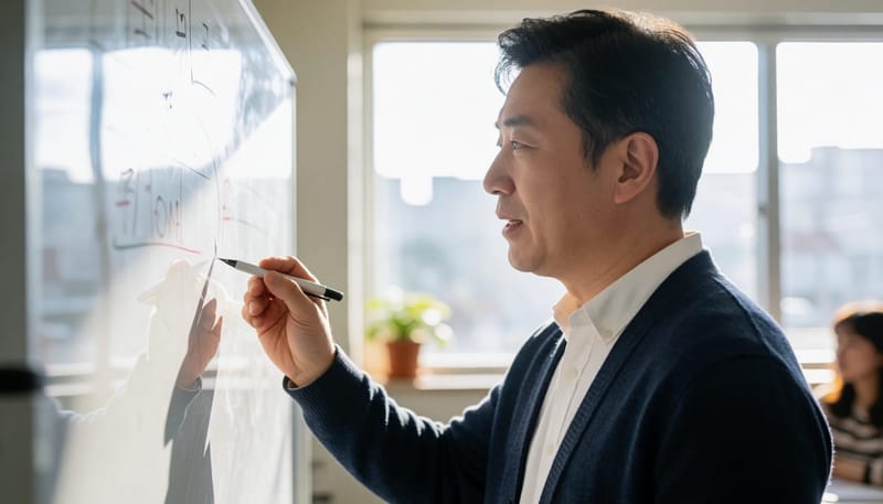 강의 중 성대에 힘을 주며 말하는 남성 강사 옆모습