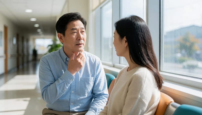 목소리 이상으로 병원 대기실에 앉아 있는 중년 남성