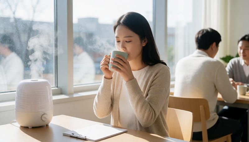 강의 전 따뜻한 물을 마시며 목을 관리하는 여성 강사