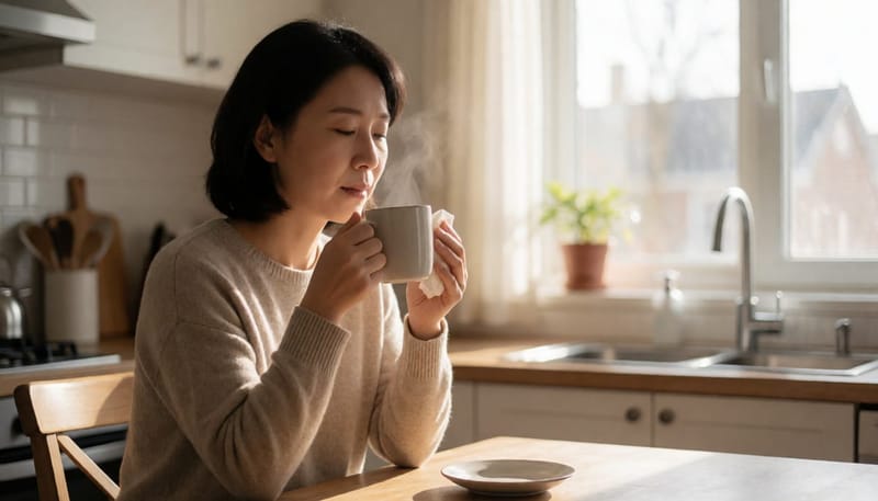 아침에 목을 만지며 기침하는 여성