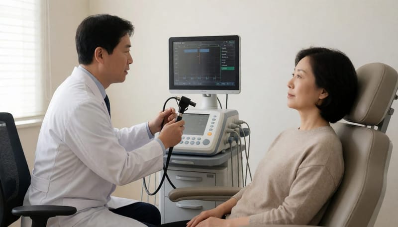 후두내시경 검사를 진행하는 의사와 환자