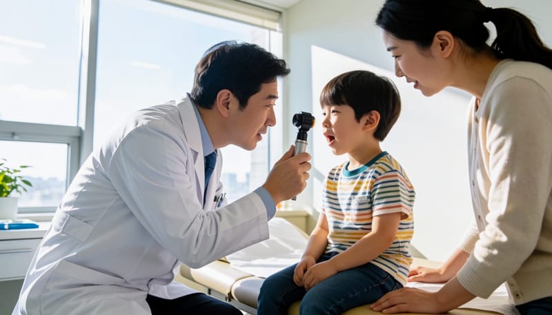소아과 진료실에서 아이의 코와 목 상태를 검사하는 의사