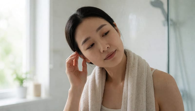 샤워 후 젖은 귀를 기울이는 모습