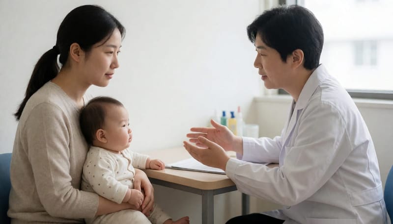 소아과 진료실에서 의사와 상담하는 엄마와 아기