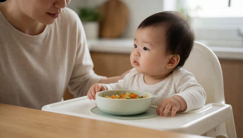 이유식을 거부하며 얼굴을 찌푸리는 아기