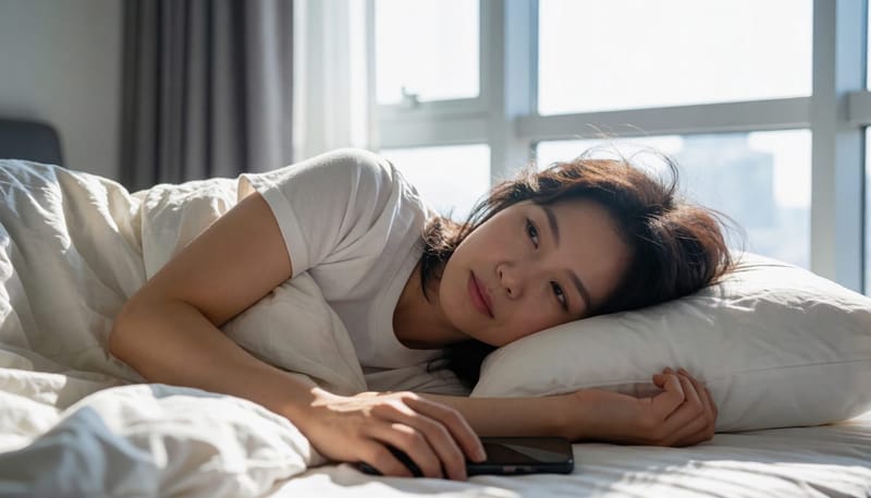 침대에 누워 멍하니 벽을 바라보는 여성의 모습