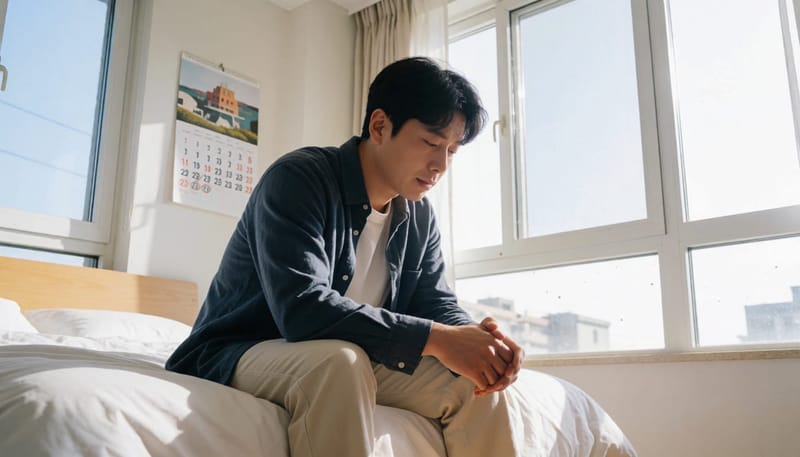 일요일 오후 침대에 걸터앉아 무기력해 보이는 남성