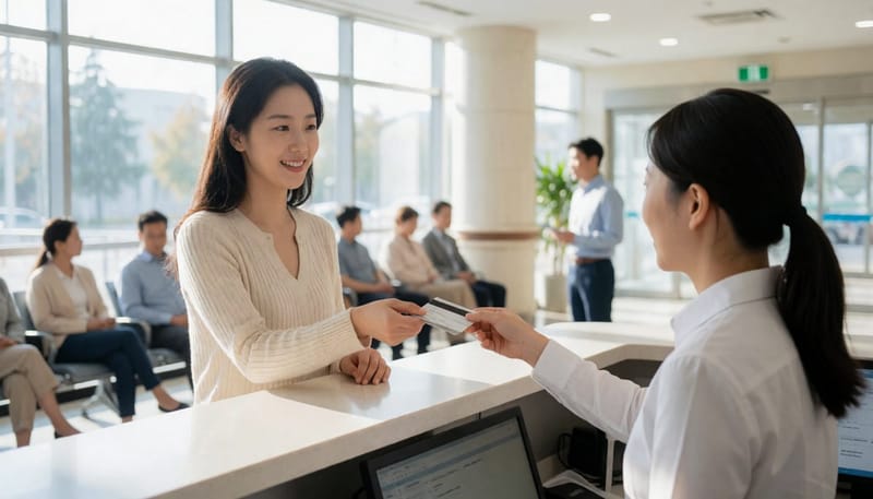 병원 접수처에서 건강보험증을 제출하는 모습