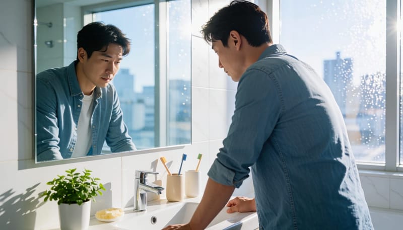 이른 아침 거울 앞에서 지친 표정으로 서 있는 남성