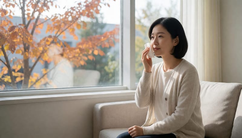 환절기 창가에서 뺨을 만지며 불편함을 느끼는 여성의 모습