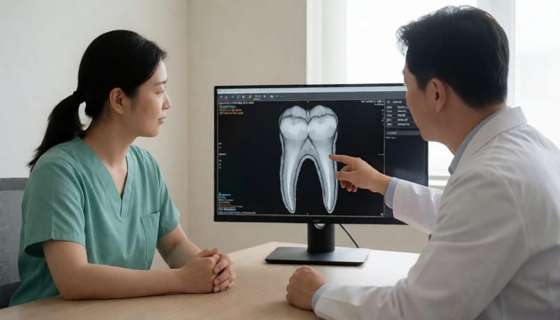 3D CT 영상으로 치아 뿌리 상태를 상담하는 치과 스태프들