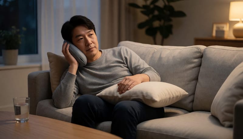 발치 후 집에서 얼음찜질로 통증을 관리하는 남성의 모습