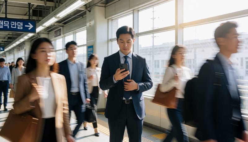 퇴근길 지하철에서 메신저 알림을 확인하며 가슴을 움켜쥐는 직장인
