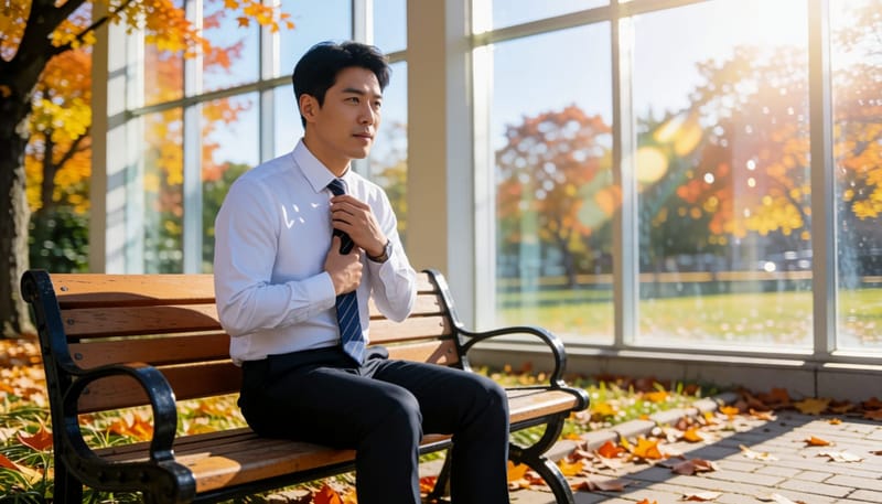 가슴을 짚고 넥타이를 느슨하게 풀며 불편해하는 남성