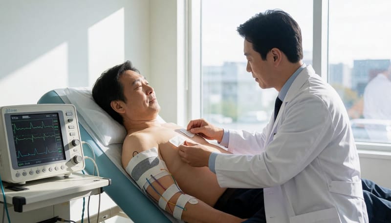 심전도 검사를 위해 전극 패치를 부착하는 의료진과 환자