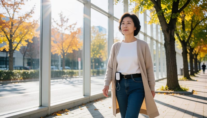 24시간 홀터 검사기를 착용한 채 일상을 보내는 여성의 모습