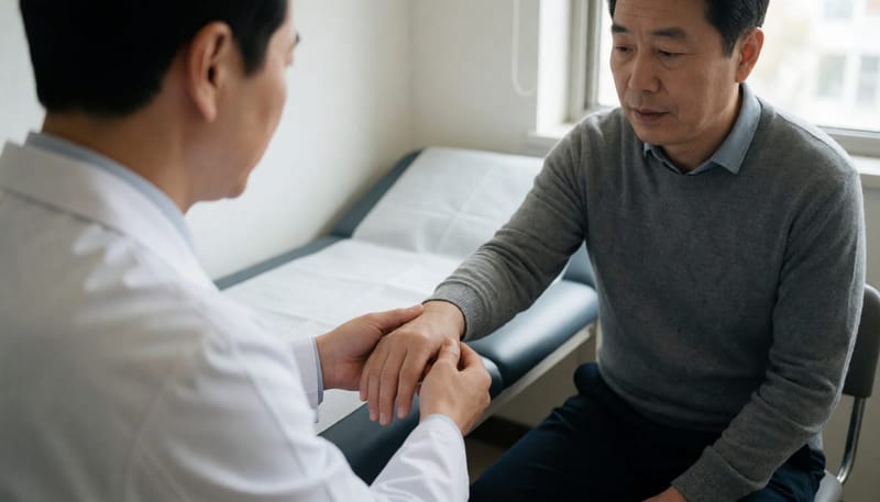 의사가 환자의 손목 혹을 직접 만져보며 결절종 여부를 감별 진찰하는 장면