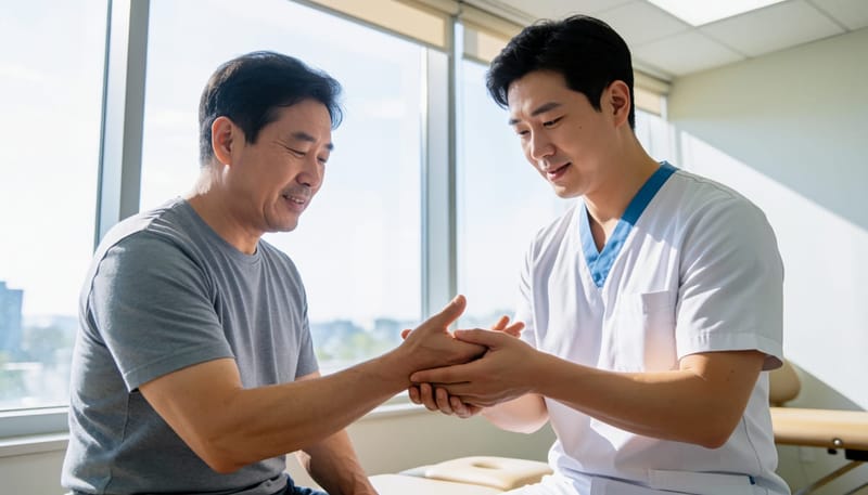 핀켈스타인 테스트로 손목 통증을 확인하는 진료 장면