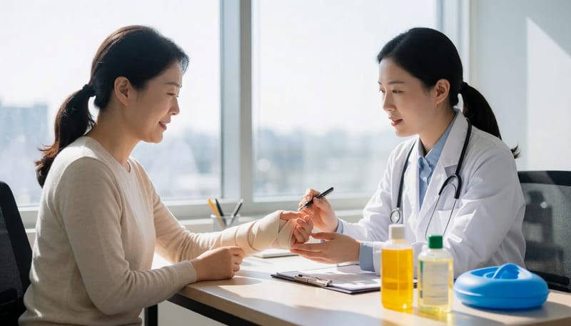 손목 보호대를 착용하고 보존치료 상담을 받는 환자