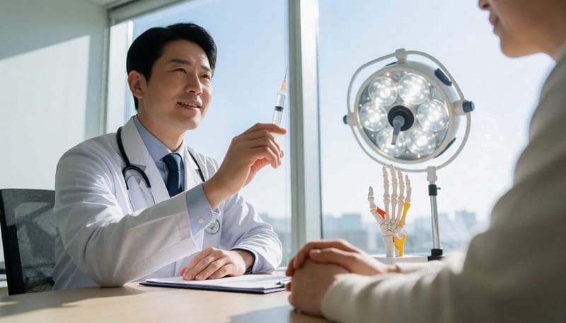 주사 치료와 수술적 치료를 비교 설명하는 진료실 장면