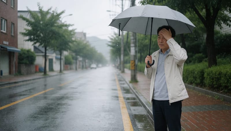 장마철 무더위 속 거리를 걷는 남성의 모습