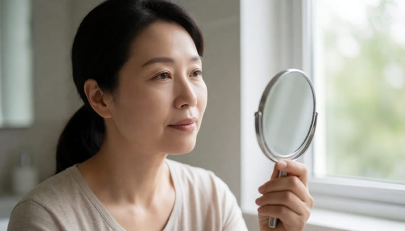 거울로 자신의 눈 흰자 색을 확인하는 여성