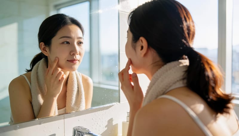 환절기 아침 세안 후 거울 앞에서 얼굴 자국을 살펴보는 여성