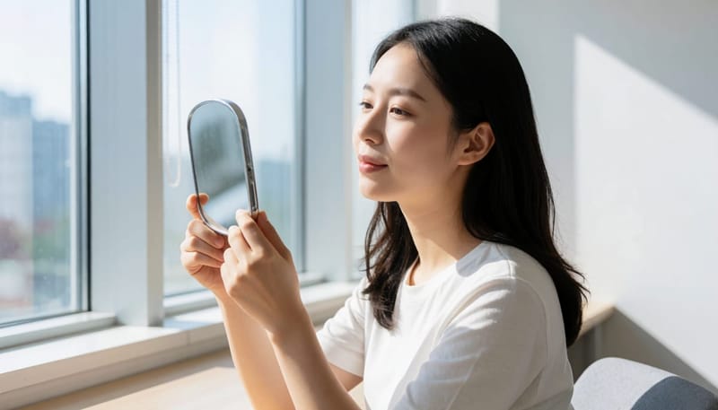 특정 부위에만 남은 붉은 자국을 손거울로 확인하는 여성