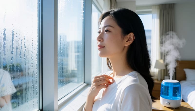 안개 낀 창가에서 쇄골 부위를 만지는 여성과 가습기 수증기
