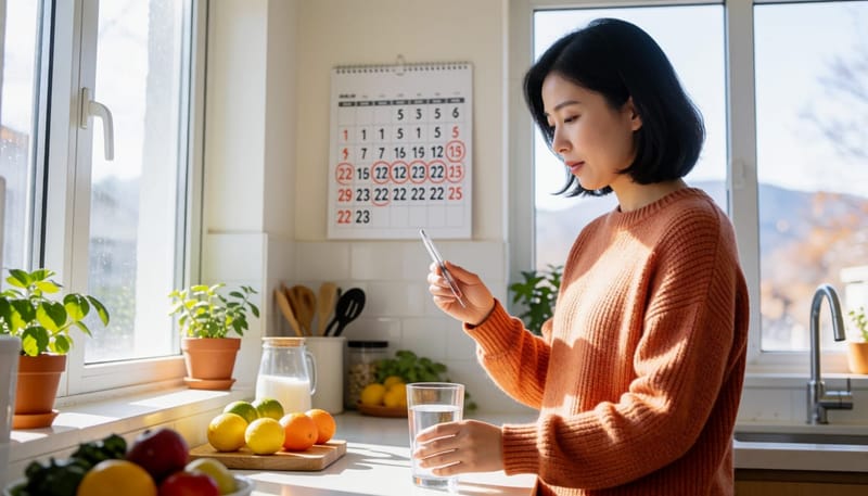 온도계와 물컵을 들고 부엌에 서있는 여성과 벽의 달력