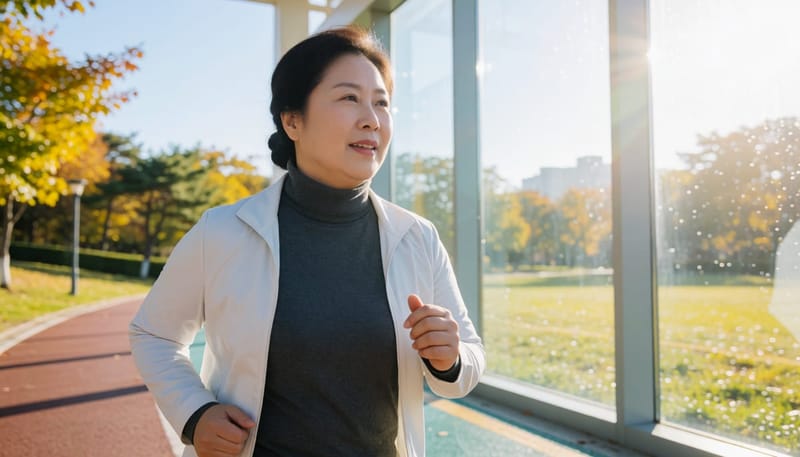 공원에서 아침 조깅을 하는 중년 여성