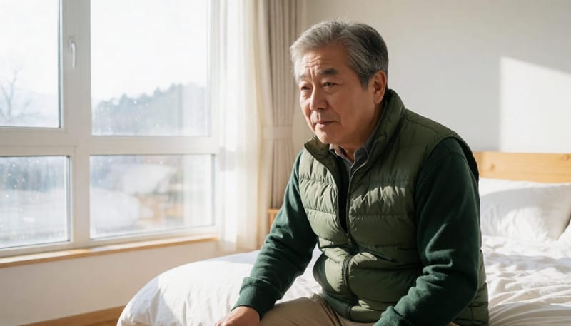 아침에 침대에서 스트레칭하는 노년 남성