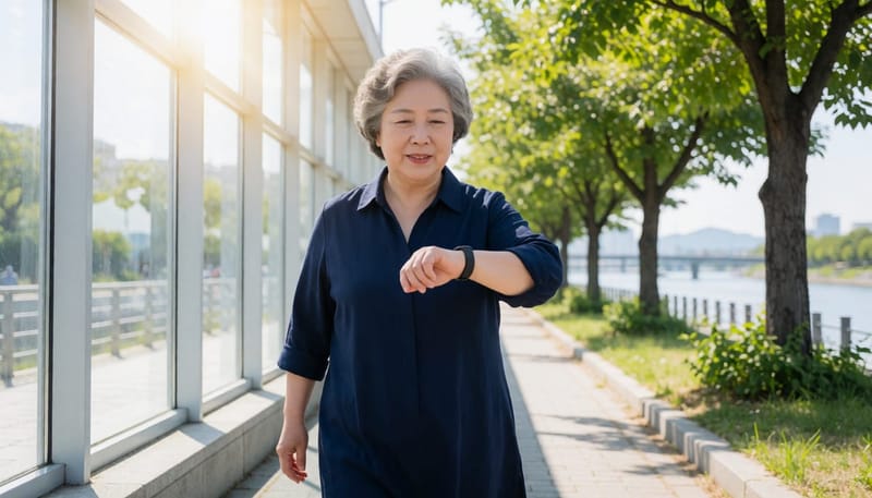 걸음 수를 확인하며 걷는 노년 여성