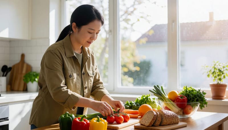 채소와 통곡물을 준비하는 젊은 여성