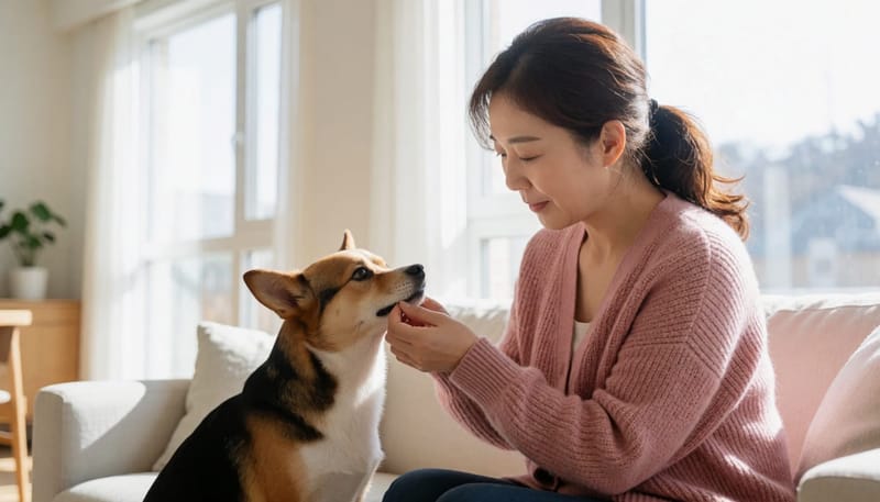 보호자가 반려견 입을 들어 치아와 잇몸을 살피는 모습