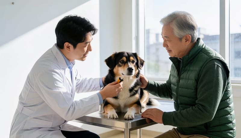 수의사가 보호자에게 구강관리용 간식을 설명하는 모습