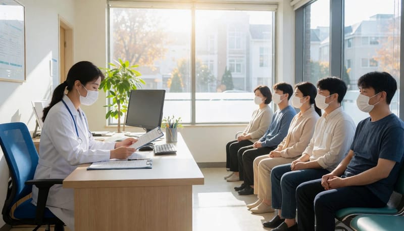 마스크를 쓴 환자들이 병원 대기실에 앉아 있는 모습