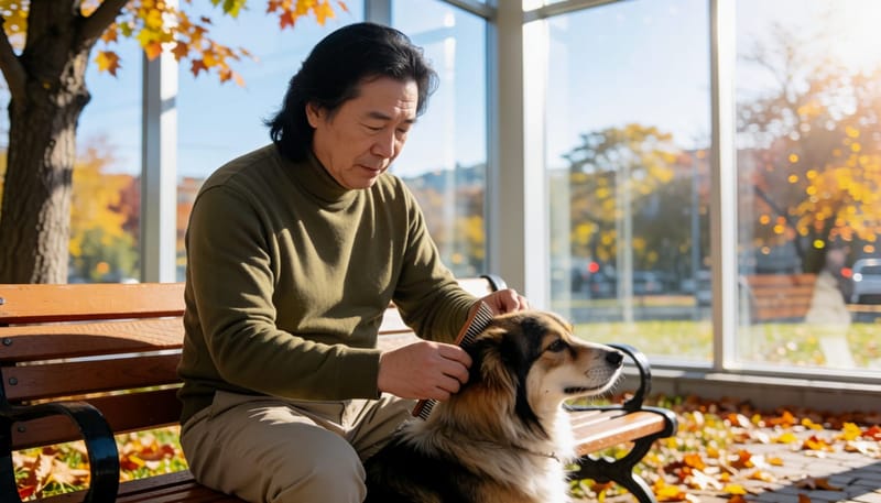 보호자가 산책 후 반려견 귀 주변을 손으로 확인하는 모습
