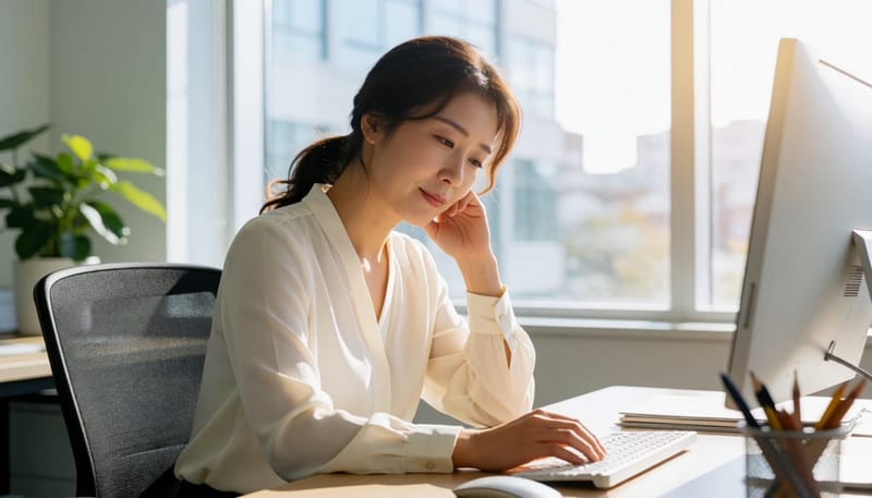 피곤한 표정으로 책상에 앉아 있는 여성