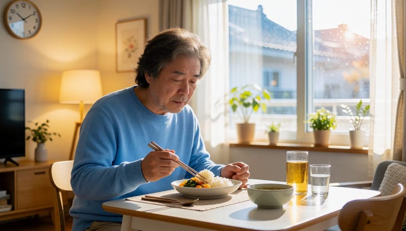 저녁 일찍 식사를 하는 중년 남성의 모습