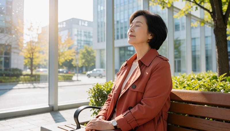 공원 벤치에서 짧게 눈을 붙이는 여성