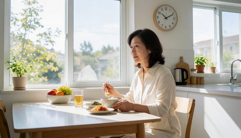 50대 여성이 늦은 시간 혼자 식사하는 모습