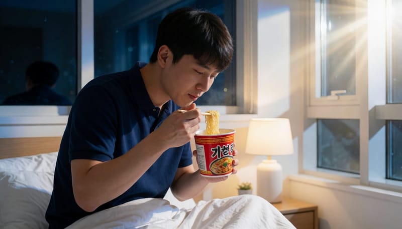 20대 남성이 침대에서 야식을 먹는 모습