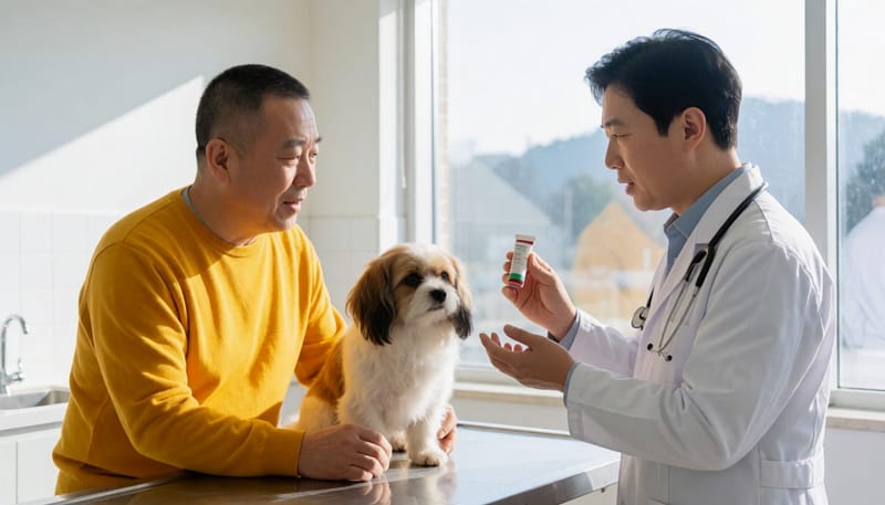 수의사가 보호자에게 외부기생충 예방약을 설명하는 모습