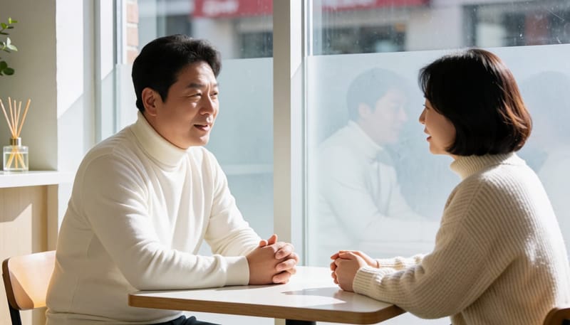 카페에서 대화 중 갑자기 기침하는 중년 남성